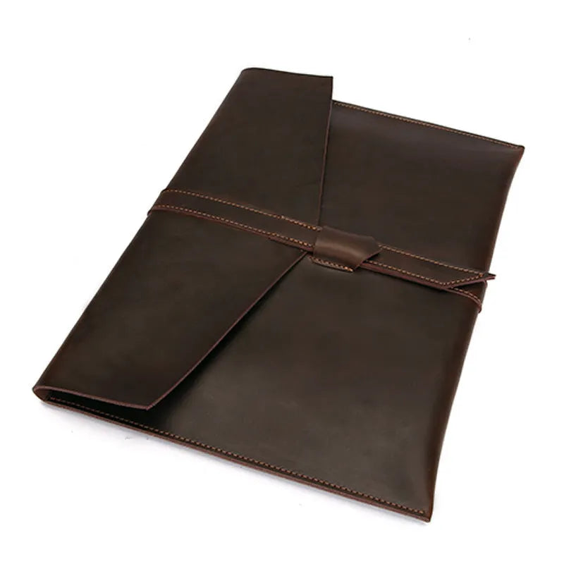 Leather retro iPad cover in brown cowhide showing tablet pocket and withdrawing design