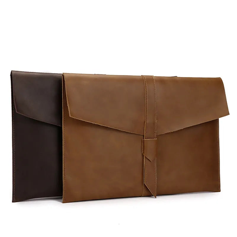 Leather retro iPad cover in brown cowhide showing tablet pocket and withdrawing design