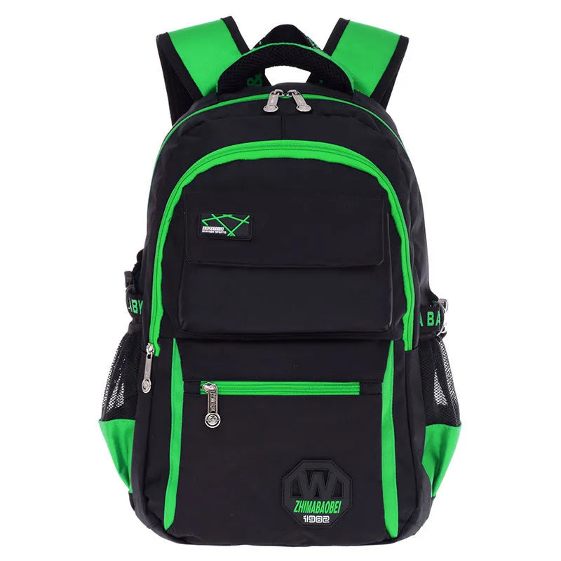 Waterproof nylon school backpack for grades 2-6 students in green colour with multiple compartments