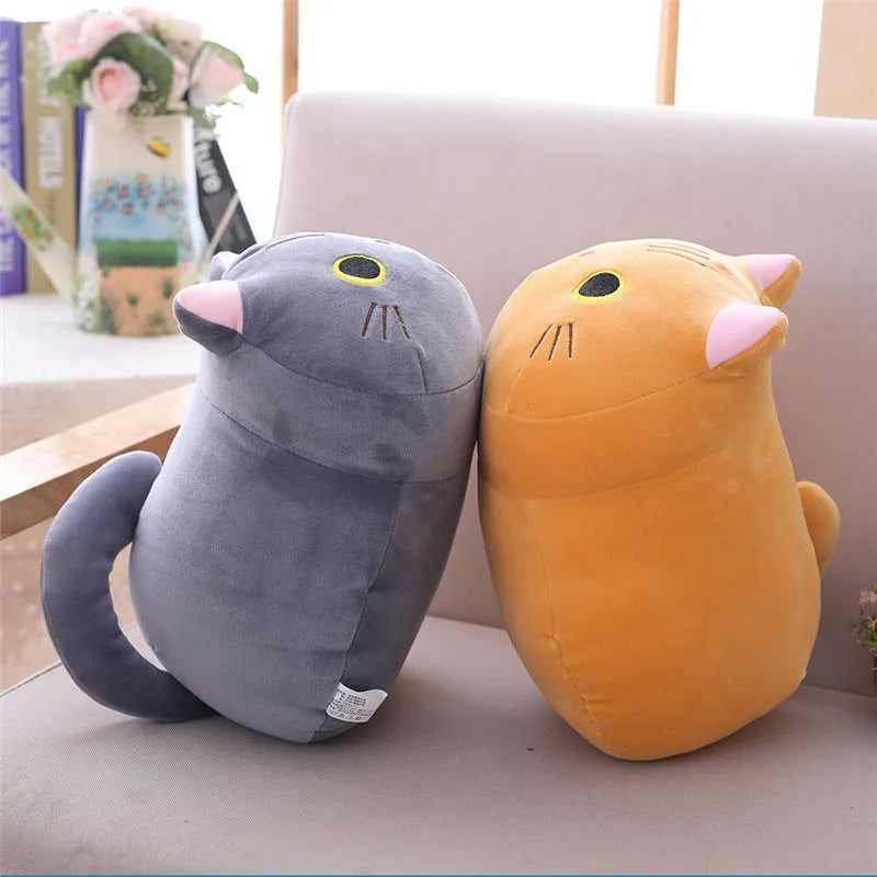Soft grey cat plush doll with down cotton filling on a white background.