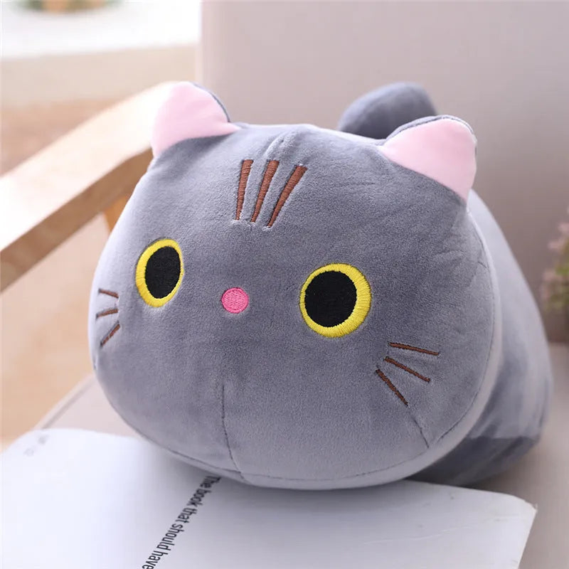 Soft grey cat plush doll with down cotton filling on a white background.