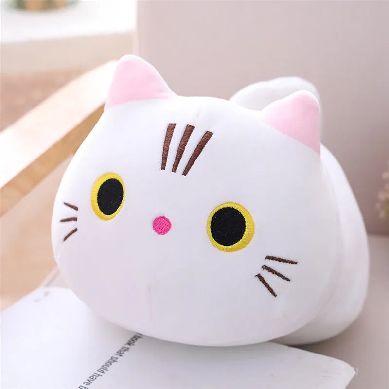 Soft grey cat plush doll with down cotton filling on a white background.