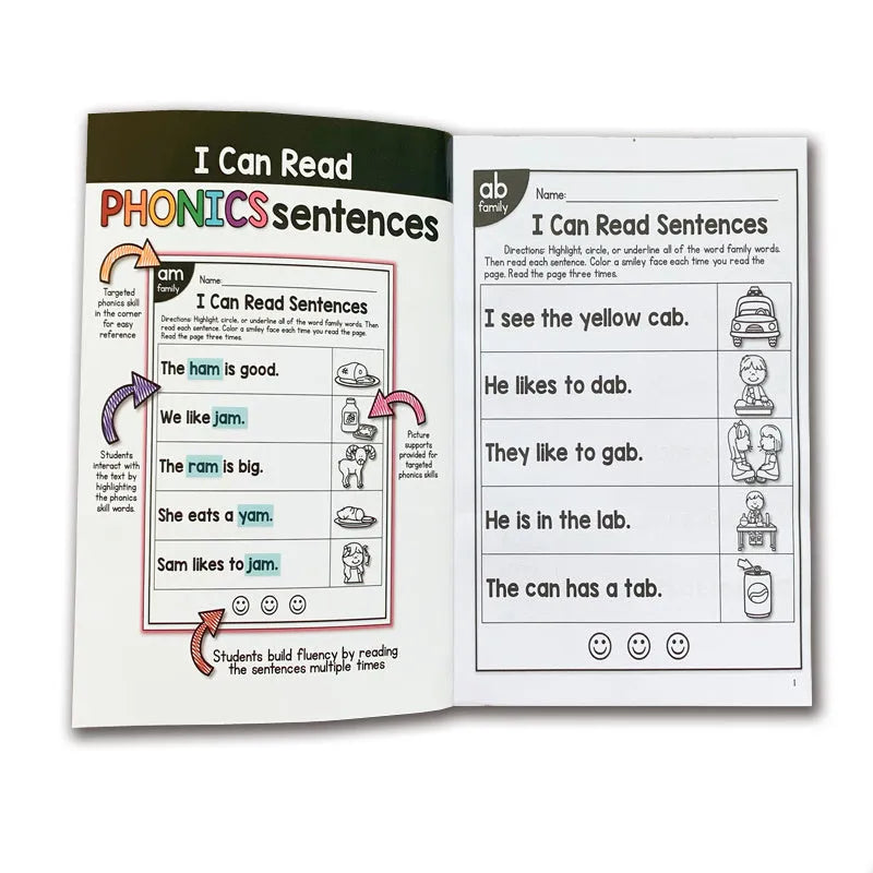 Children's English phonics reading worksheet for age 6 plus, A4 size