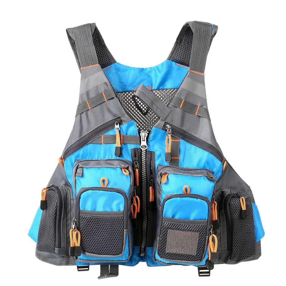 Grey fishing life jacket with chest pockets, reflective strips, and adjustable buckle straps