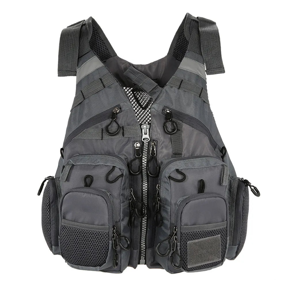 Grey fishing life jacket with chest pockets, reflective strips, and adjustable buckle straps