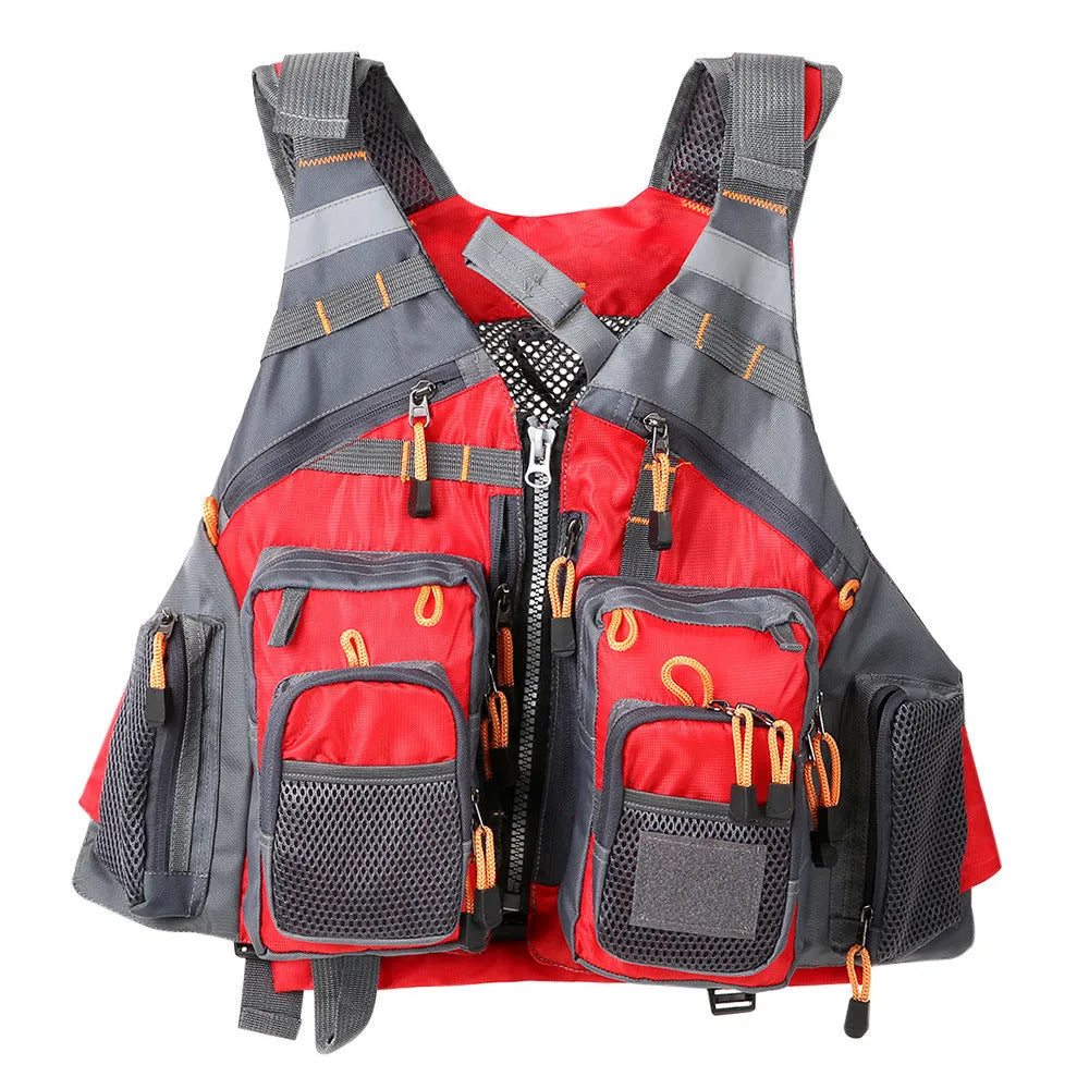 Grey fishing life jacket with chest pockets, reflective strips, and adjustable buckle straps