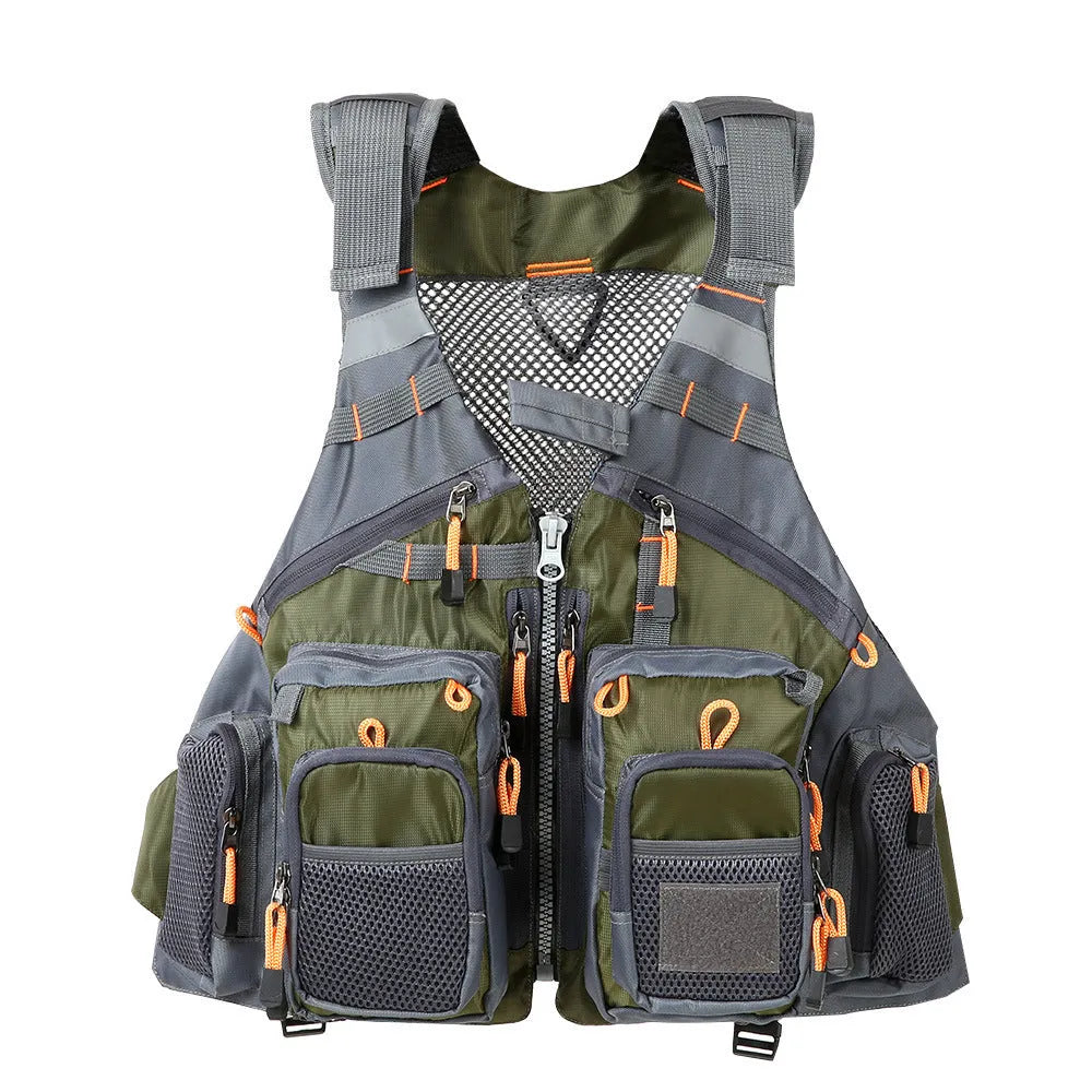 Grey fishing life jacket with chest pockets, reflective strips, and adjustable buckle straps