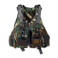 Grey fishing life jacket with chest pockets, reflective strips, and adjustable buckle straps
