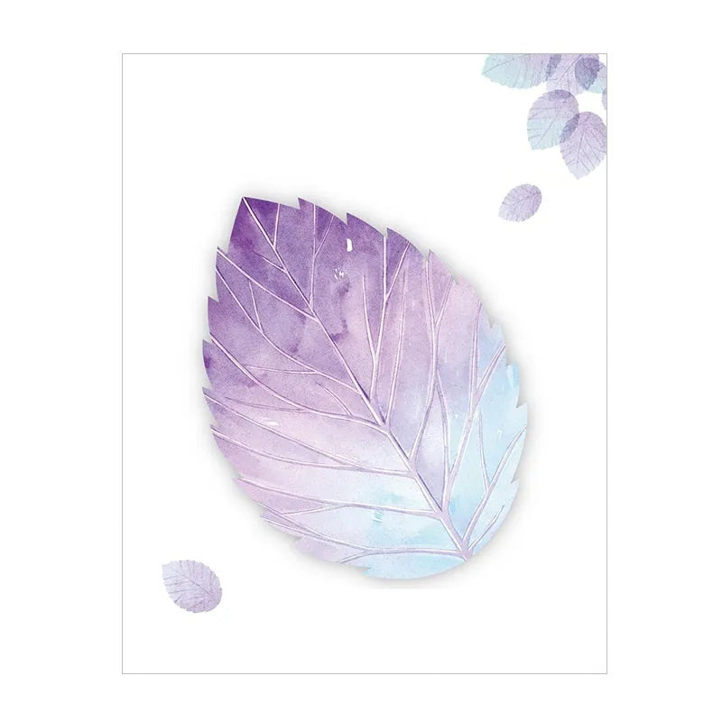 Set of eight Post-it note pads with different botanical leaf designs including water lily and maple leaf.