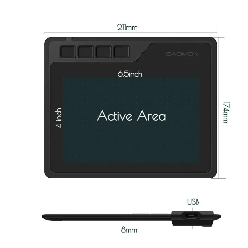 Gaoman S620 black digital drawing board with USB cable and stylus pen on desk