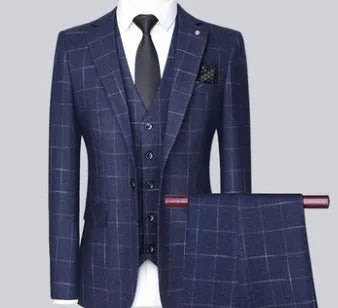 Men's three-piece slim plaid suit set in blue, including jacket, waistcoat, and trousers, made from polyester viscose blend