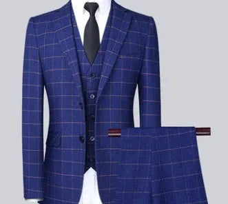 Men's three-piece slim plaid suit set in blue, including jacket, waistcoat, and trousers, made from polyester viscose blend