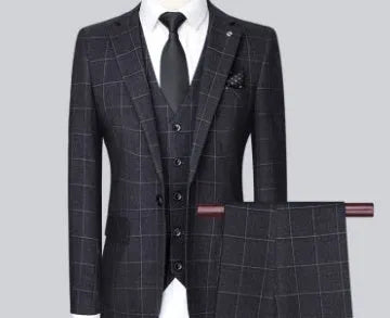 Men's three-piece slim plaid suit set in blue, including jacket, waistcoat, and trousers, made from polyester viscose blend