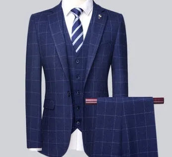 Men's three-piece slim plaid suit set in blue, including jacket, waistcoat, and trousers, made from polyester viscose blend