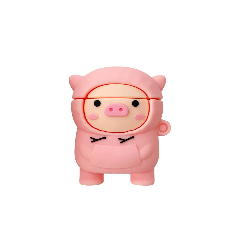 Rose pink silicone AirPods case cover with a cartoon pig in a sweater design and a silver keychain hook.