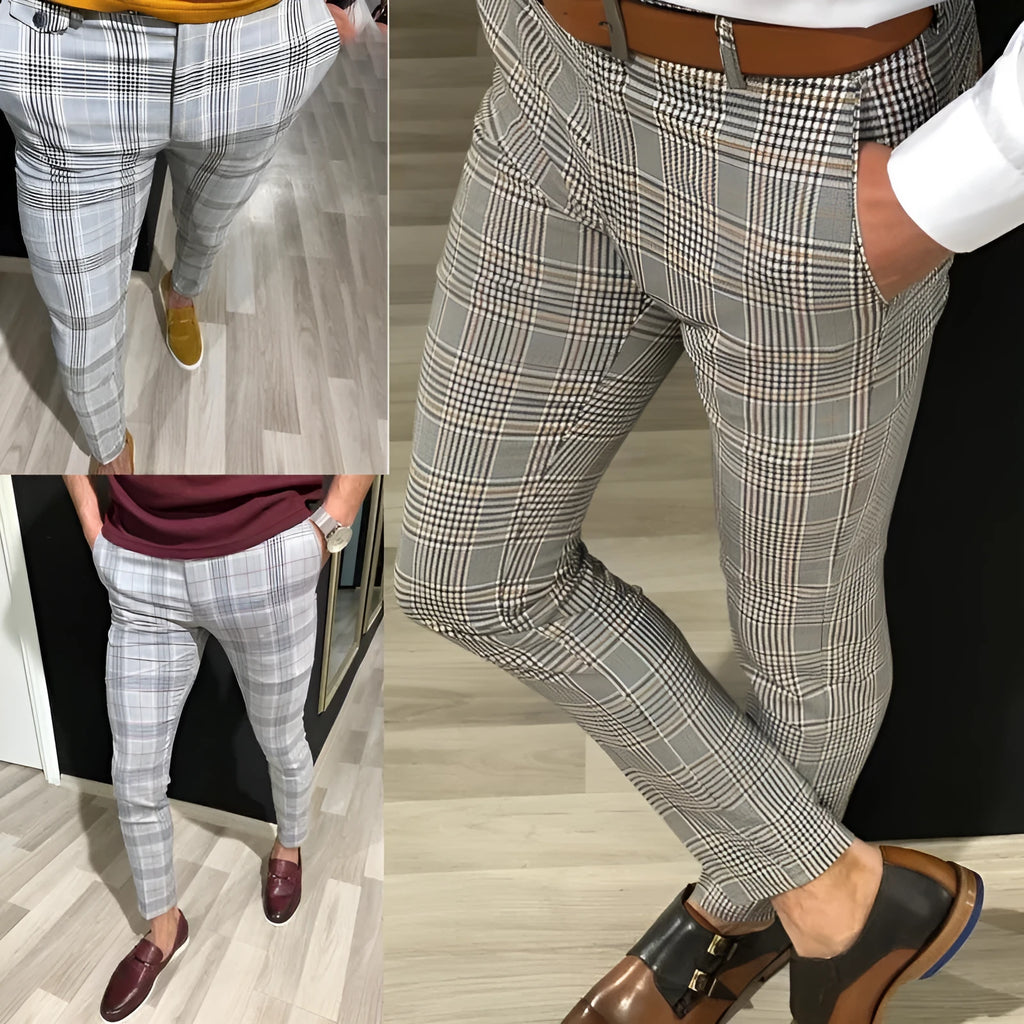 Men's loose fit plaid nine-point trousers in grey, polyester fabric, cropped length