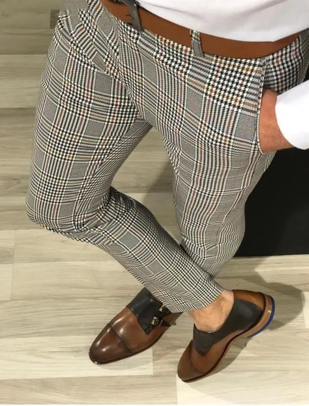 Men's loose fit plaid nine-point trousers in grey, polyester fabric, cropped length
