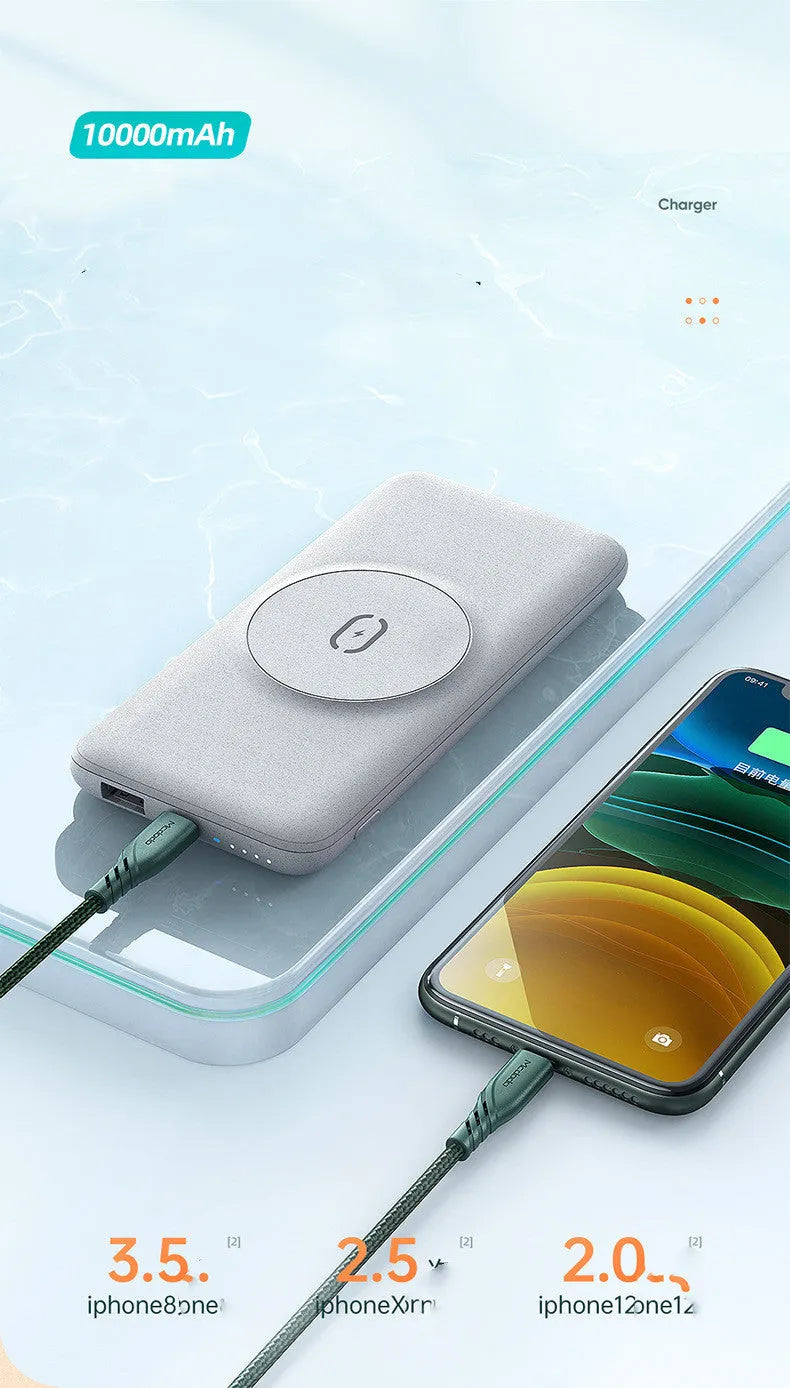 Maiduo magsafe magnetic wireless charging power bank in mint green showing compact size and back clip