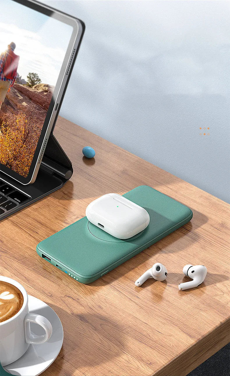 Maiduo magsafe magnetic wireless charging power bank in mint green showing compact size and back clip