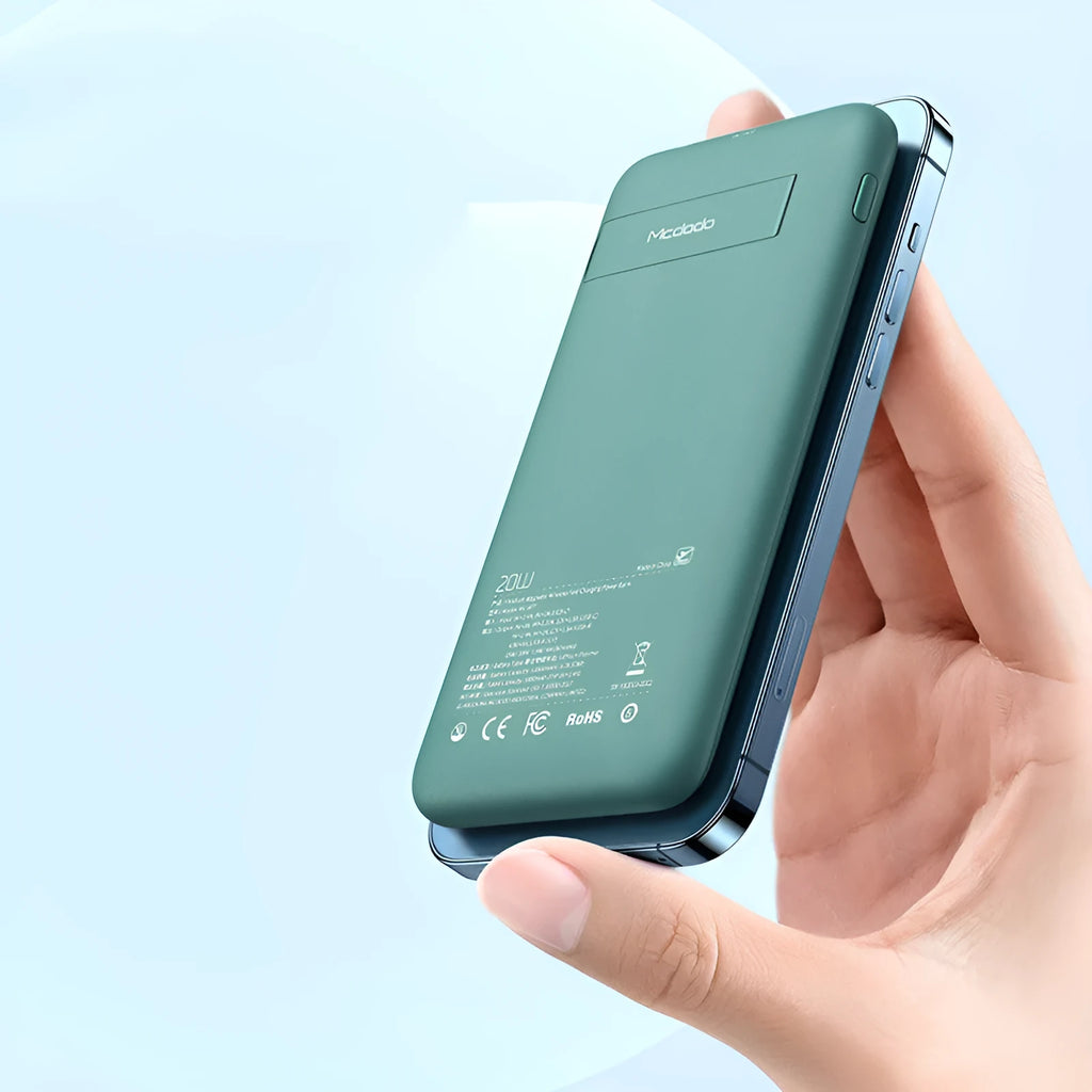 Maiduo magsafe magnetic wireless charging power bank in mint green showing compact size and back clip