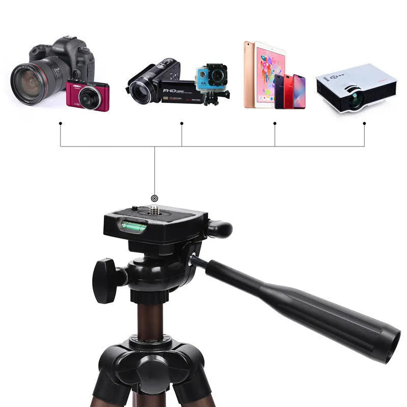 Aluminium camera tripod extended to 1.3 metres with mobile phone mounted and Bluetooth remote