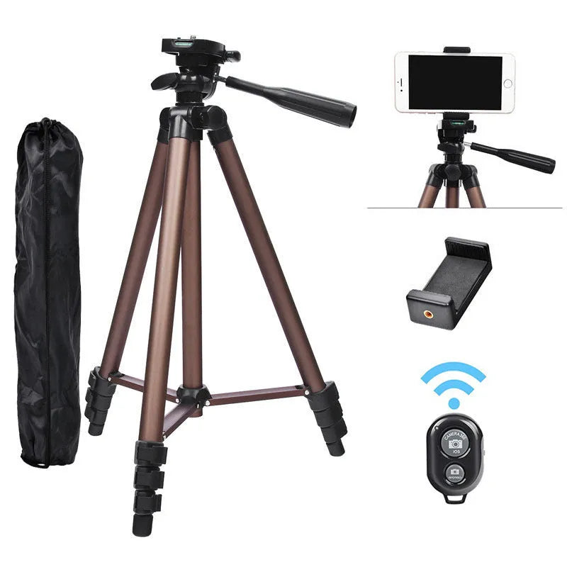 Aluminium camera tripod extended to 1.3 metres with mobile phone mounted and Bluetooth remote