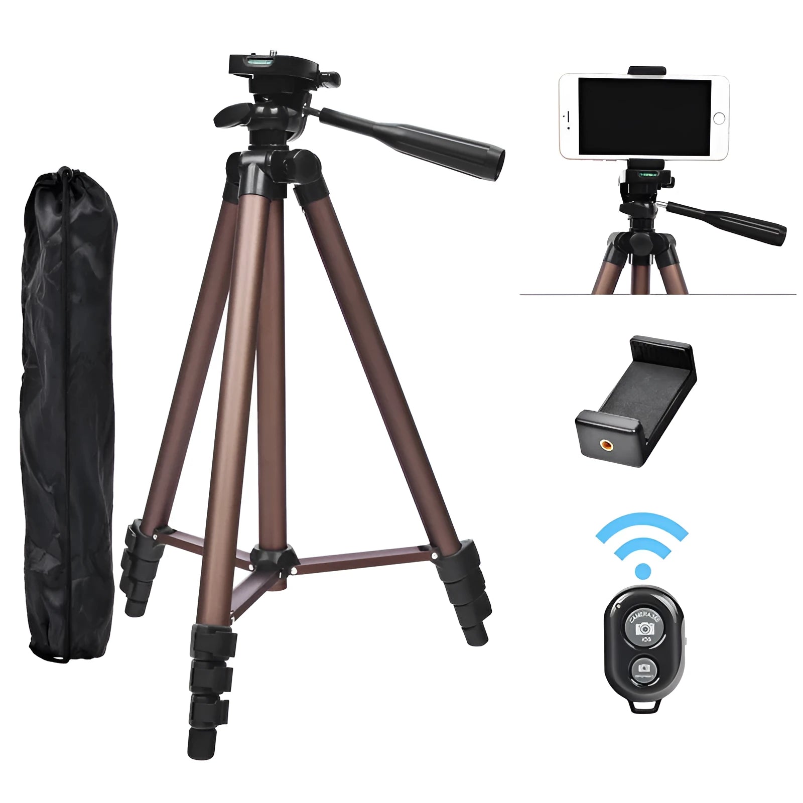 Aluminium camera tripod extended to 1.3 metres with mobile phone mounted and Bluetooth remote