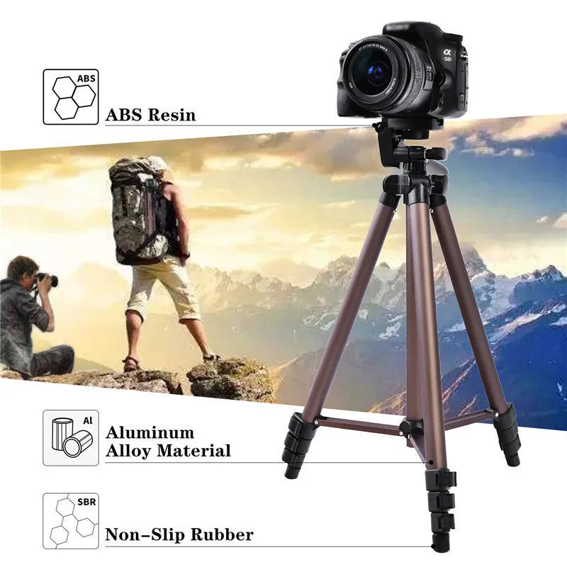 Aluminium camera tripod extended to 1.3 metres with mobile phone mounted and Bluetooth remote