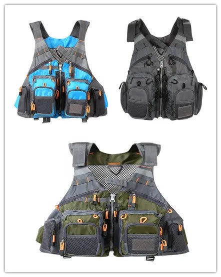Grey fishing life jacket with chest pockets, reflective strips, and adjustable buckle straps
