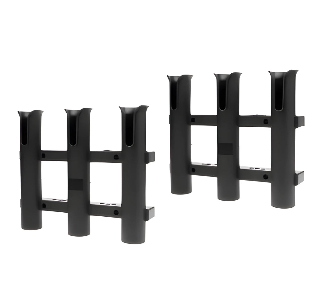 Black three-barrel polypropylene fishing rod holder with slotted reel locks and stainless steel mounting hardware