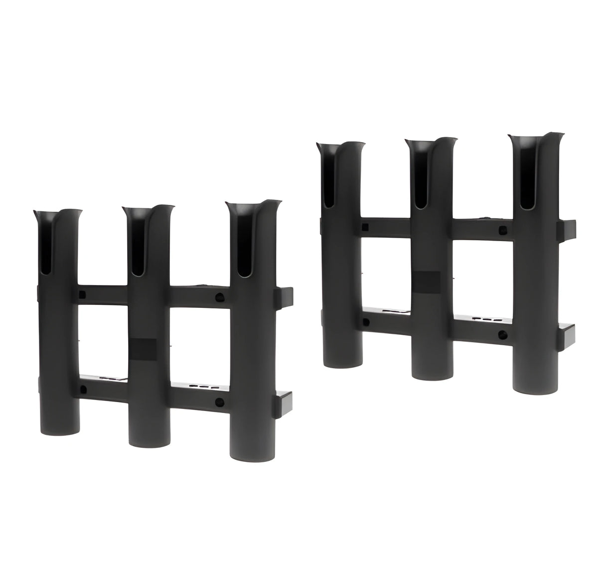 Black three-barrel polypropylene fishing rod holder with slotted reel locks and stainless steel mounting hardware