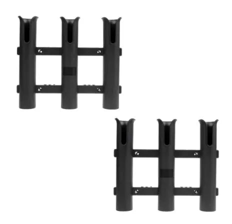 Black three-barrel polypropylene fishing rod holder with slotted reel locks and stainless steel mounting hardware
