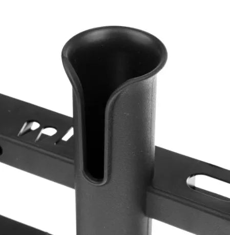 Black three-barrel polypropylene fishing rod holder with slotted reel locks and stainless steel mounting hardware