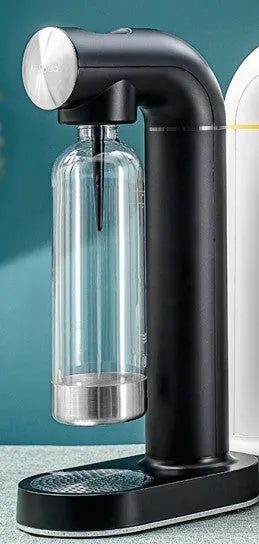 Airsoda bubble water machine in black with 1L bottle and push-button control