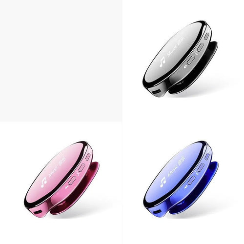 Blue Bluetooth MP4 music player with OLED screen showing menu, next to headphones.
