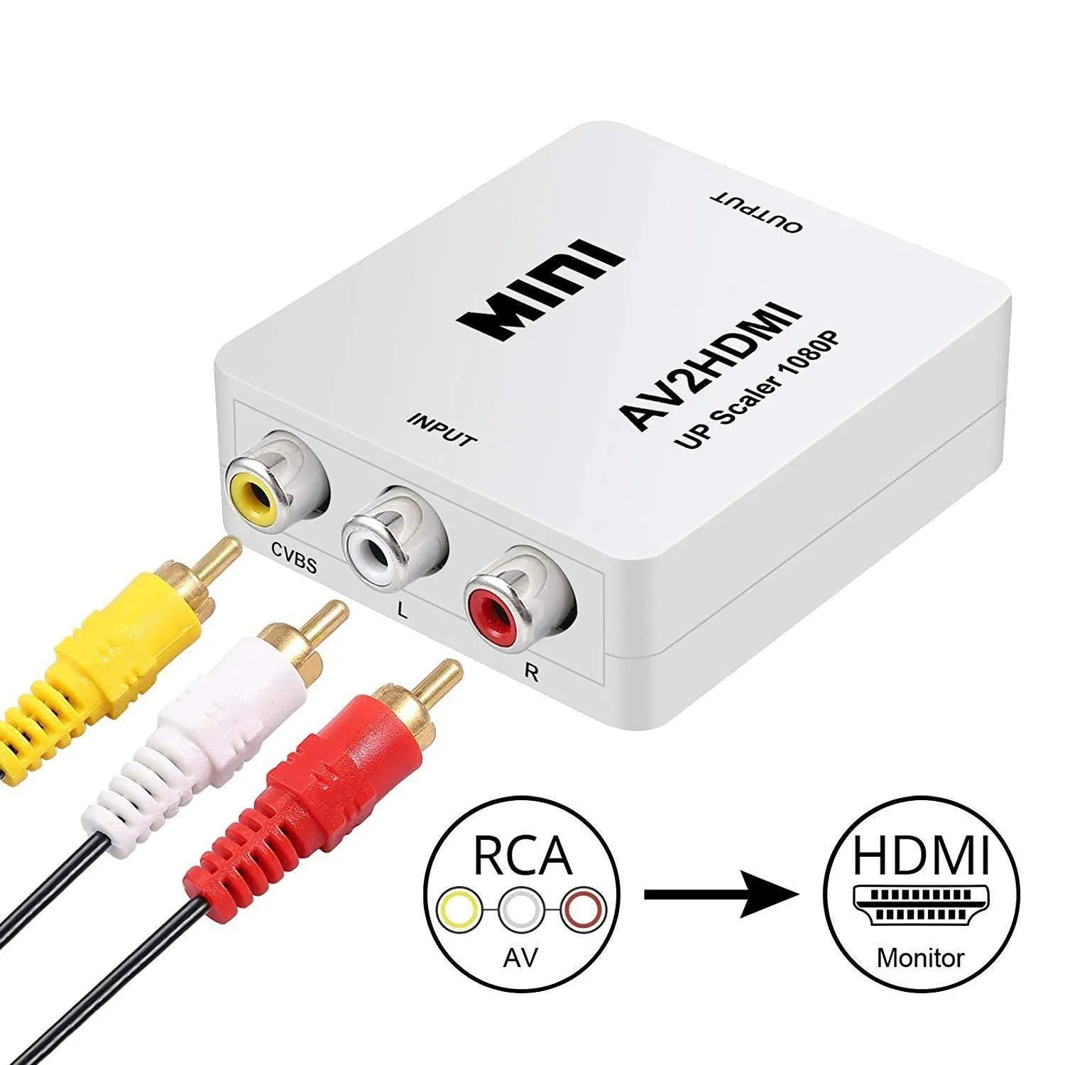 White AV to HDMI converter with 0.5m cable for 1080P signal conversion