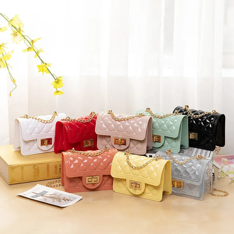 Mini pearl chain shoulder bag with lock closure and check pattern, available in 7 colours