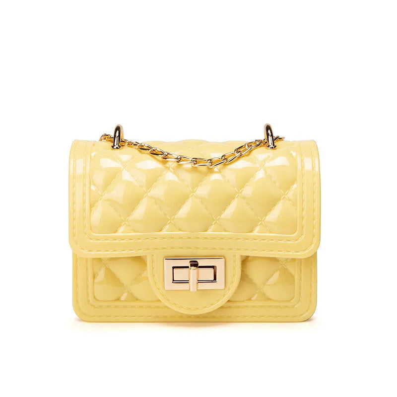 Mini pearl chain shoulder bag with lock closure and check pattern, available in 7 colours