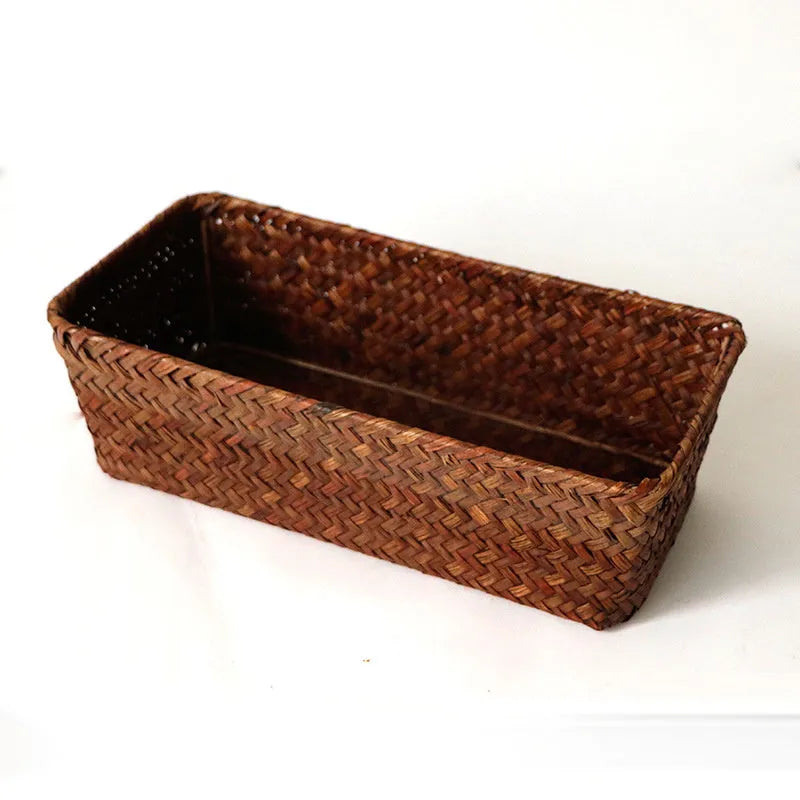 Straw desk storage box pen case for cosmetics with open top, available in brown and yellow in multiple sizes