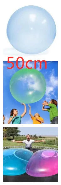 TPR inflatable ball toy in pink, yellow, green, and blue colours showing 40cm to 120cm size range