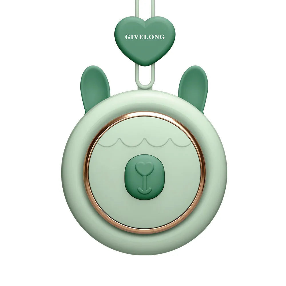 Mini bladeless neck fan with adjustable rope showing USB charging port and control button