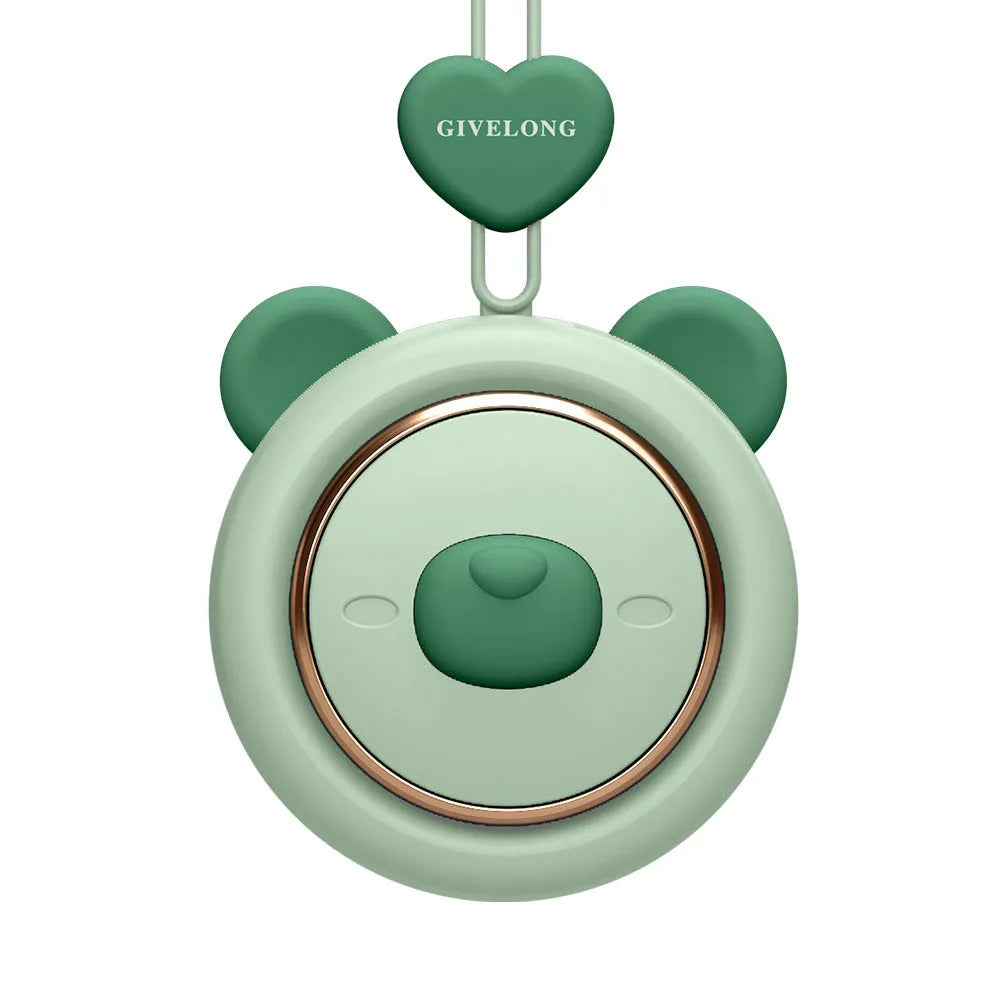 Mini bladeless neck fan with adjustable rope showing USB charging port and control button