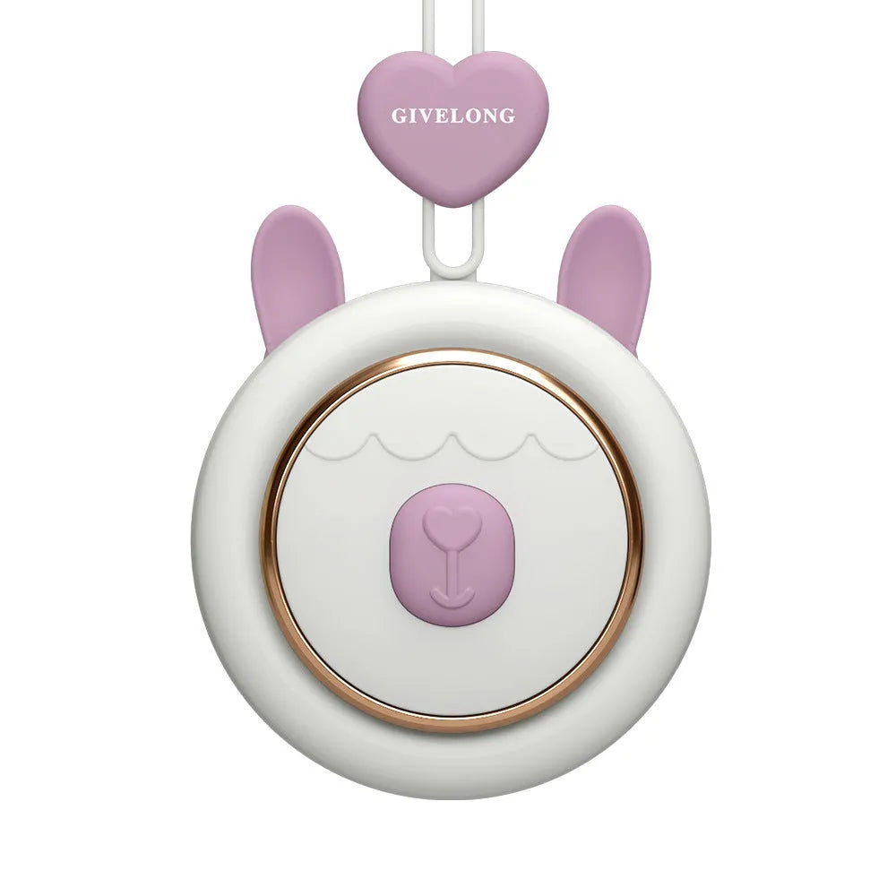 Mini bladeless neck fan with adjustable rope showing USB charging port and control button