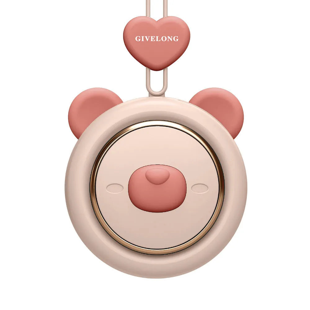 Mini bladeless neck fan with adjustable rope showing USB charging port and control button