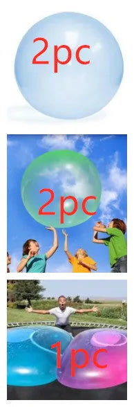 TPR inflatable ball toy in pink, yellow, green, and blue colours showing 40cm to 120cm size range