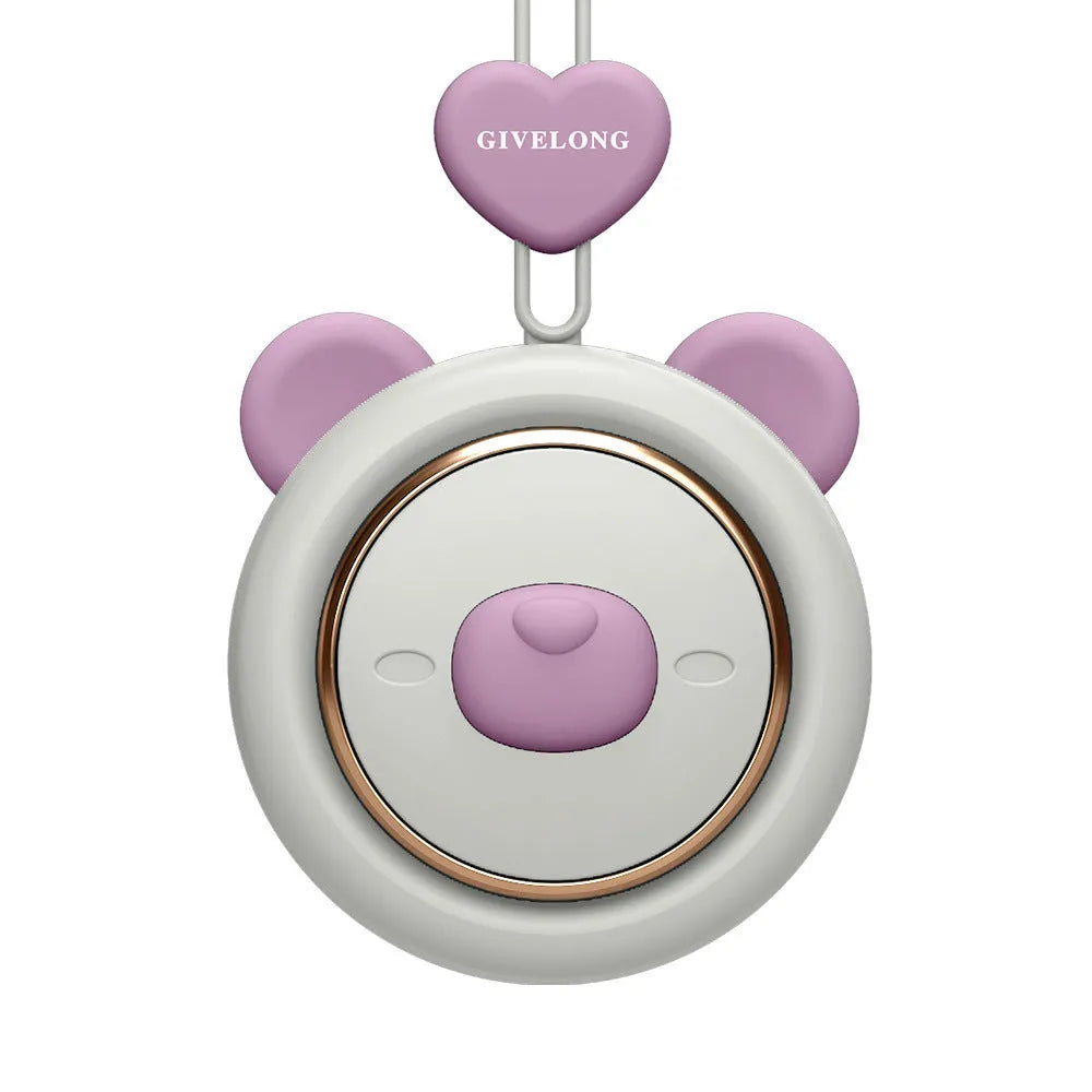 Mini bladeless neck fan with adjustable rope showing USB charging port and control button