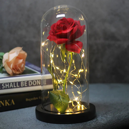 Artificial silk rose LED ornament with glass lampshade showing warm white lights, available in multiple colours.