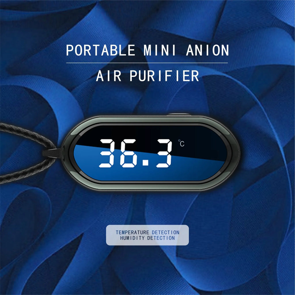 Portable negative ion air purifier in pearl white with metal lanyard and USB cable on a desk