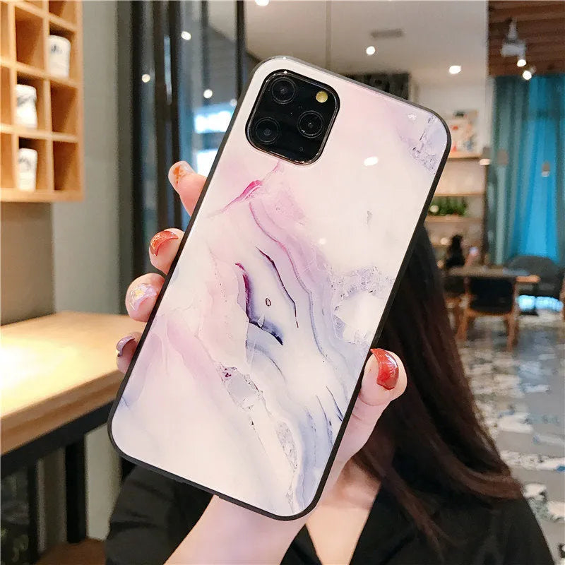 Marble Back Cover Compatible with iPhone 11 12 Pro Max XR XS Max 8 7 6 6s Plus Tempered Glass TPU Silicone Luxury Protective Case European American Style