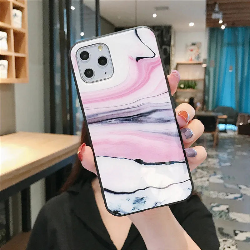 Marble Back Cover Compatible with iPhone 11 12 Pro Max XR XS Max 8 7 6 6s Plus Tempered Glass TPU Silicone Luxury Protective Case European American Style